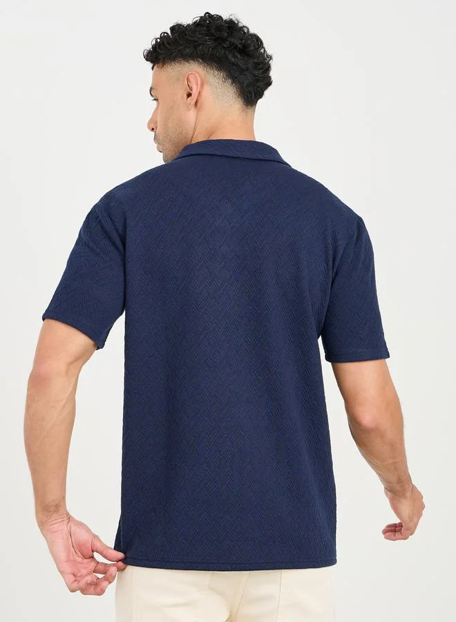 ستايلي Premium Chevron Textured Knit Revere Collar Relaxed Polo