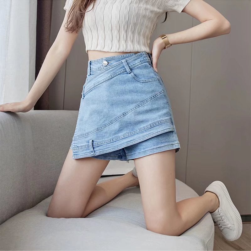 Plus size Denim skirt summer chubby girl slimming pantskirt anti-exposure irregular sheath A- line pure hot girl skirt Black - Image 3