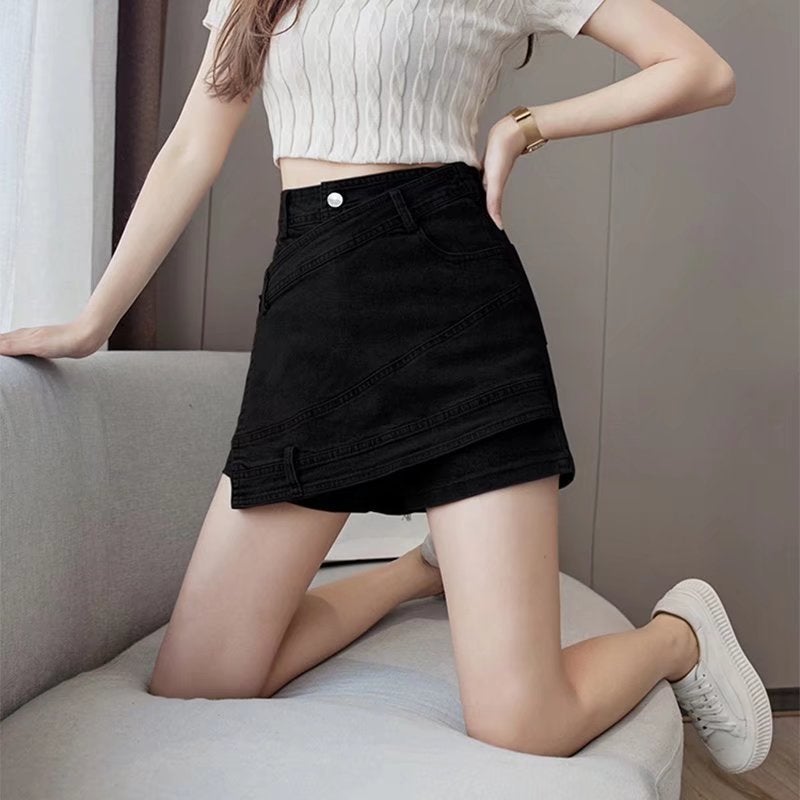 Plus size Denim skirt summer chubby girl slimming pantskirt anti-exposure irregular sheath A- line pure hot girl skirt Black - Image 5