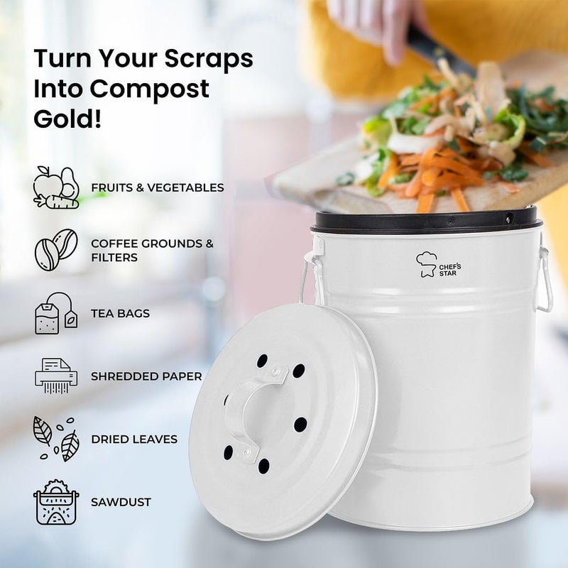 Chef's Star Countertop Compost Bin for Kitchen, Indoor Compost Bin for Kitchen Counter, Small Composter for Kitchen Counter, with Charcoal Filter, Airtight Lid, 0.7 Gallon Compost Pail, White - Image 2