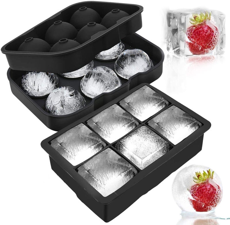 DENSITY COLLECTION Ice Cube Trays Silicone Ice Cube Tray Big Size Ice Cube Molds For Whiskey&Cocktails, Keep Drinks Chilled, Reusable And Bpa Free (Square&Round-Total 2 Pcs),Black - Image 1