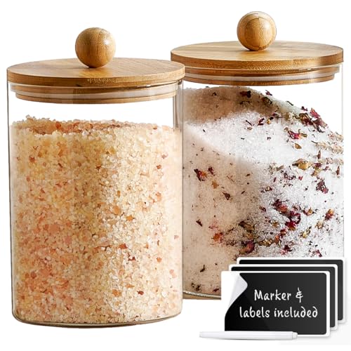 Le'raze Leraze 1 Gallon Glass Canister Set for Kitchen Counter with Airtight Bamboo Lids Marker Labels of 2 Large Cookie Jars Wooden Lid Food Storage Containers Pantry Flour Sugar Pasta Candy - Image 1
