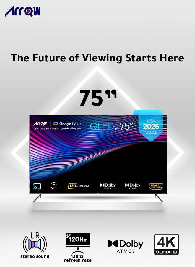 آركيو تلفزيون جوجل 75 بوصة، QLED 4K، شاشة 60 هرتز + DLG 120 هرتز، ذاكرة وصول عشوائي 2 جيجابايت، سعة تخزين 16 جيجابايت، Dolby Vision & ATMOS، دقة 3840*2160 مع تطبيق مثبت مسبقًا (NETFLIX، Prime Video، YouTube) - Image 1