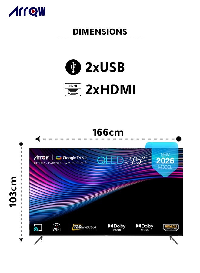 آركيو تلفزيون جوجل 75 بوصة، QLED 4K، شاشة 60 هرتز + DLG 120 هرتز، ذاكرة وصول عشوائي 2 جيجابايت، سعة تخزين 16 جيجابايت، Dolby Vision & ATMOS، دقة 3840*2160 مع تطبيق مثبت مسبقًا (NETFLIX، Prime Video، YouTube) - Image 2