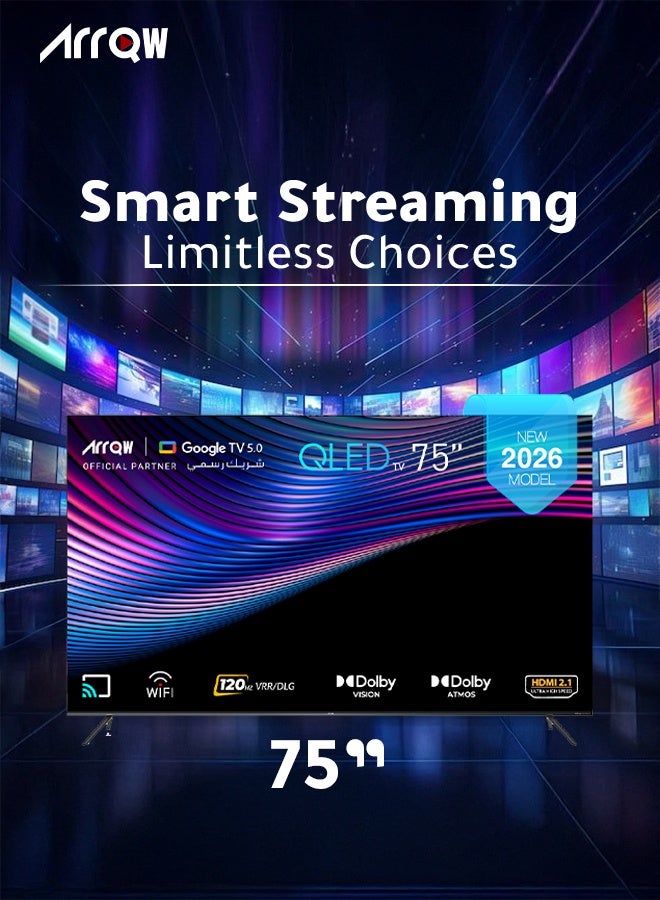 آركيو تلفزيون جوجل 75 بوصة، QLED 4K، شاشة 60 هرتز + DLG 120 هرتز، ذاكرة وصول عشوائي 2 جيجابايت، سعة تخزين 16 جيجابايت، Dolby Vision & ATMOS، دقة 3840*2160 مع تطبيق مثبت مسبقًا (NETFLIX، Prime Video، YouTube) - Image 3