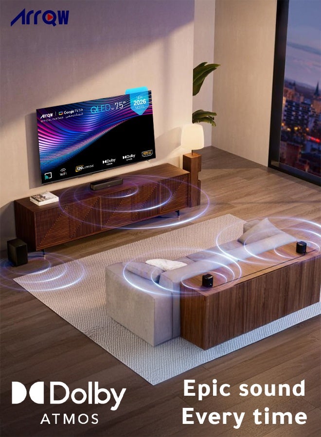آركيو تلفزيون جوجل 75 بوصة، QLED 4K، شاشة 60 هرتز + DLG 120 هرتز، ذاكرة وصول عشوائي 2 جيجابايت، سعة تخزين 16 جيجابايت، Dolby Vision & ATMOS، دقة 3840*2160 مع تطبيق مثبت مسبقًا (NETFLIX، Prime Video، YouTube) - Image 4