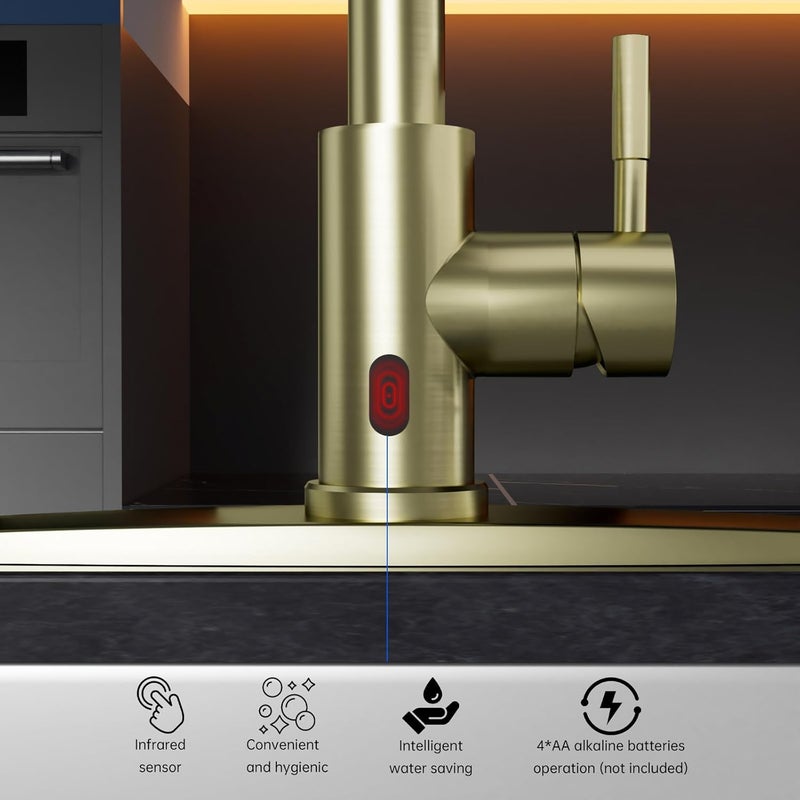 DAYONE Brushed Gold Touchless Kitchen Sink Faucets with Soap Dispenser, Pull Down Smart Hands-Free Spring Faucet for Kitchen Sink Motion Sensor Touch Faucet High Arc - Image 4