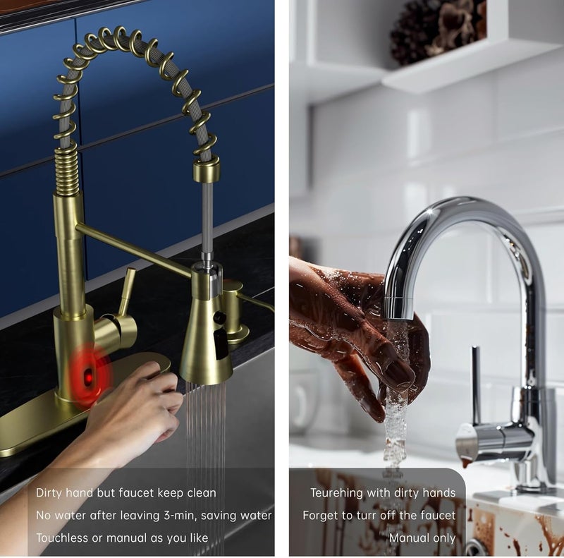 DAYONE Brushed Gold Touchless Kitchen Sink Faucets with Soap Dispenser, Pull Down Smart Hands-Free Spring Faucet for Kitchen Sink Motion Sensor Touch Faucet High Arc - Image 3