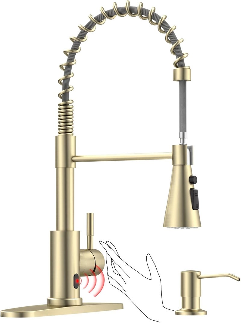 DAYONE Brushed Gold Touchless Kitchen Sink Faucets with Soap Dispenser, Pull Down Smart Hands-Free Spring Faucet for Kitchen Sink Motion Sensor Touch Faucet High Arc - Image 1