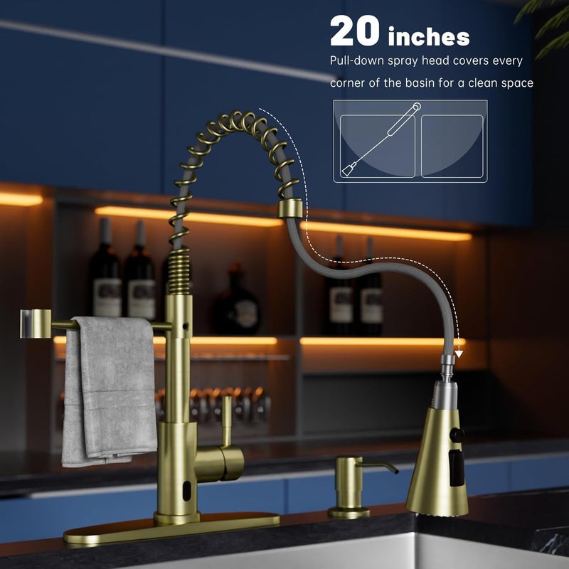DAYONE Brushed Gold Touchless Kitchen Sink Faucets with Soap Dispenser, Pull Down Smart Hands-Free Spring Faucet for Kitchen Sink Motion Sensor Touch Faucet High Arc - Image 5