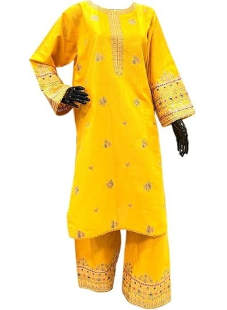 وينشيلز سلوار قميص باكستاني تقليدي - فستان أصفر مطرز مع بنطلون قطني، مقاس صغير - Image 1