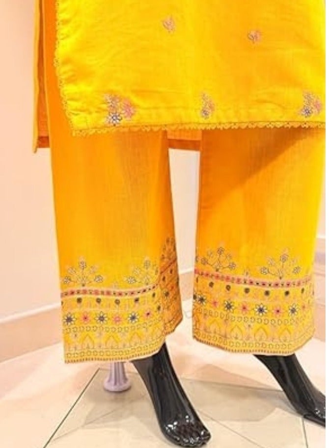 وينشيلز سلوار قميص باكستاني تقليدي - فستان أصفر مطرز مع بنطلون قطني، مقاس صغير - Image 2