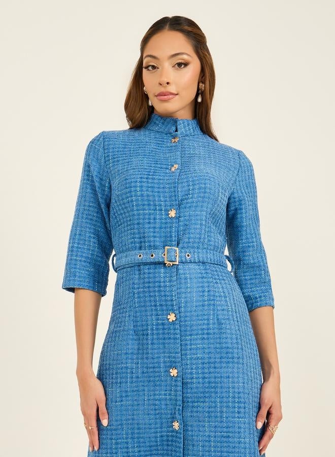 Styli royal blue Belted Tweed Midi Dress for Women | Best Price UAE