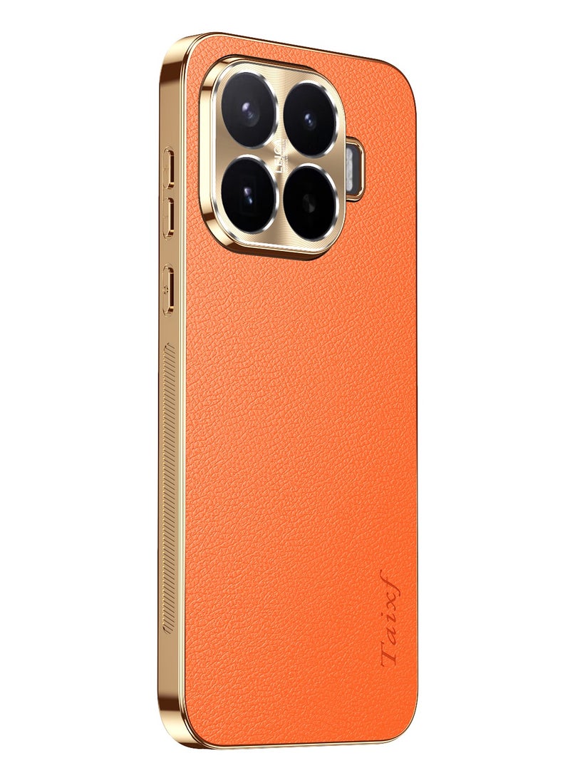 Luxury Leather Case for Xiaomi 17T – Gold Electroplated Frame & Alloy Camera Guard, Shockproof TPU Cover (Orange) - Image 1