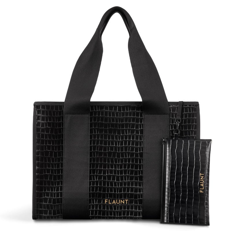 FLAUNT Everyday Tote Bag with Phone Pouch for Women - Lightweight, Airline Approved, Easy To Carry, Foldable & Washable - Large Tote Bag for Errands, Workouts, Work and More - Black Crocodile Faux - Image 1
