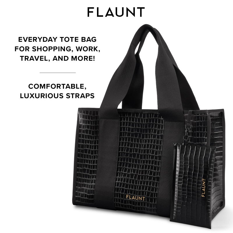 FLAUNT Everyday Tote Bag with Phone Pouch for Women - Lightweight, Airline Approved, Easy To Carry, Foldable & Washable - Large Tote Bag for Errands, Workouts, Work and More - Black Crocodile Faux - Image 4