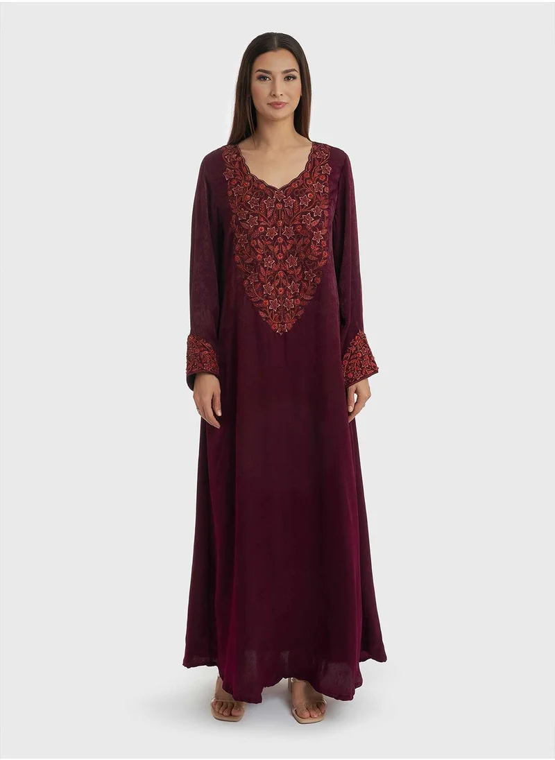KASHKHA A-Line Velvet Jalabiya with Embroidery at Yoke