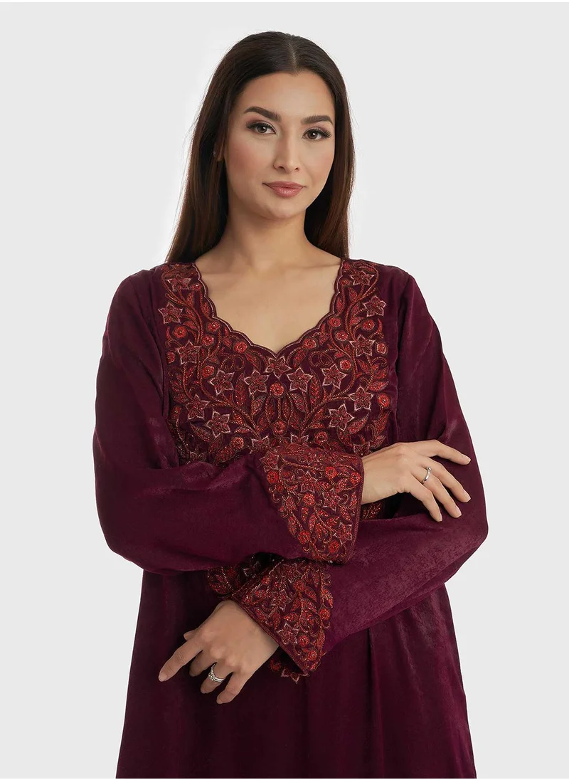 KASHKHA A-Line Velvet Jalabiya with Embroidery at Yoke