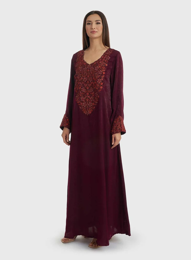 KASHKHA A-Line Velvet Jalabiya with Embroidery at Yoke