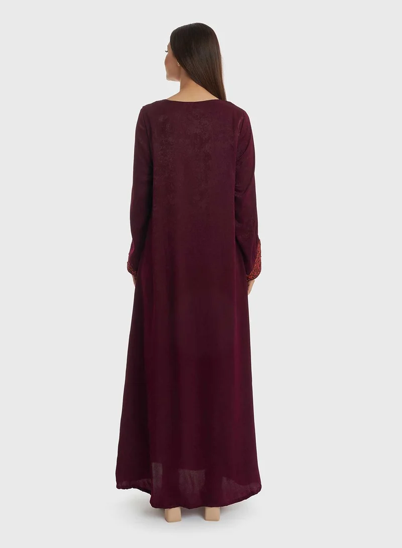 KASHKHA A-Line Velvet Jalabiya with Embroidery at Yoke