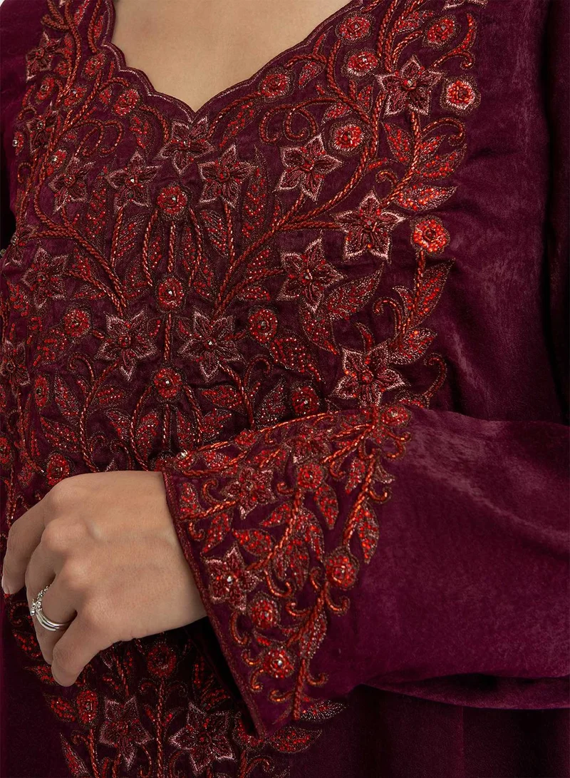 KASHKHA A-Line Velvet Jalabiya with Embroidery at Yoke