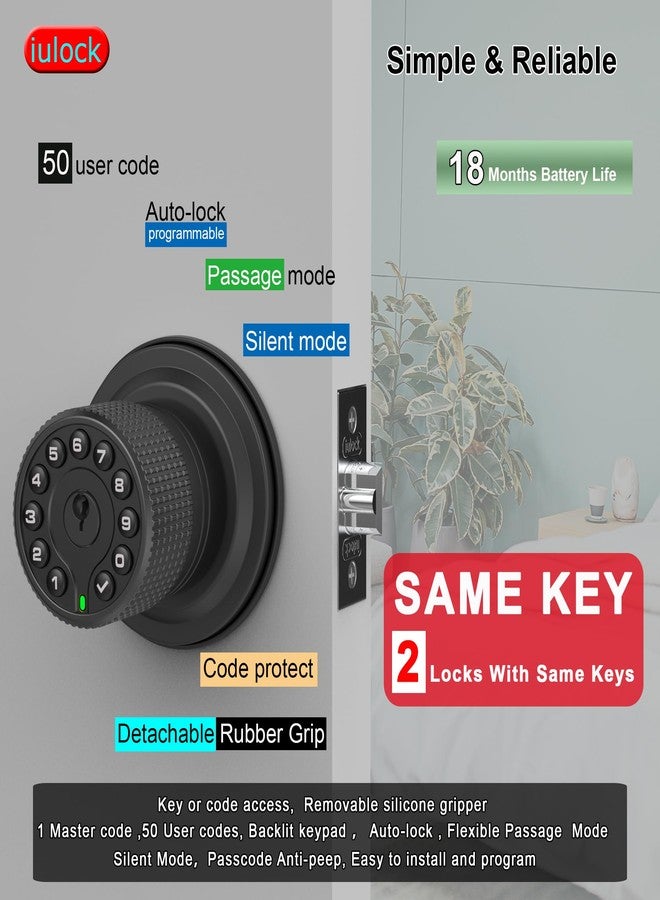 iulock Smart Door Knob with Keypad and Key,Keyless Entry Door Lock with Rubber Grip, Auto Lock,50 User Code,Waterproof, Easy to Install and Program for Bedroom Garage Office Gate (Golden) - Image 2