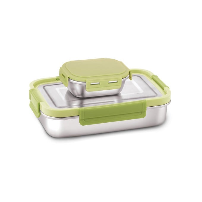 DELTIN STAINLESS STEEL AIRTIGHT LEAKPROOF LUNCH BOXLIGHT WEIGHT EASY TO CLEAN PERFECT FOR OFFICE SCHOOL PICNIC TRAVELLING COMBO1000ML150ML SAGE GREEN