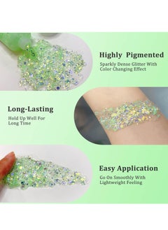 MEICOLY MEICOLY Chameleon Lime Green Body Glitter,Chunky Face Glitter for Halloween,Color Changing Mermaid Face Glitter Gel,Holographic Glitter Sequin for Face Body Hair,Festival Party Cheer Glitter Makeup  - Image 3