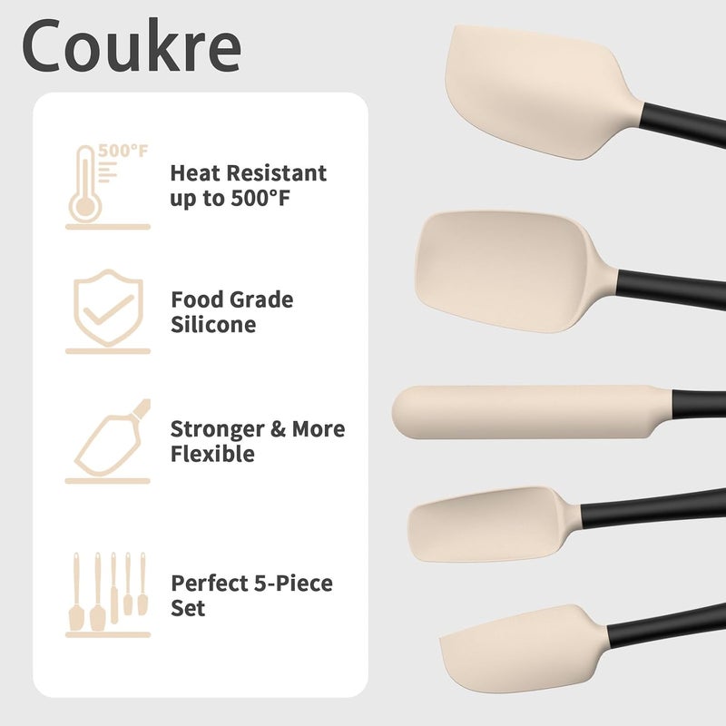 Coukre Silicone Spatula Set of 5,High Heat Resistant, Food Grade Silicone, Upgraded Extended Reinforced Handle,Dishwasher Safe, for Baking, Cooking (Beige Black, Color block) - Image 3