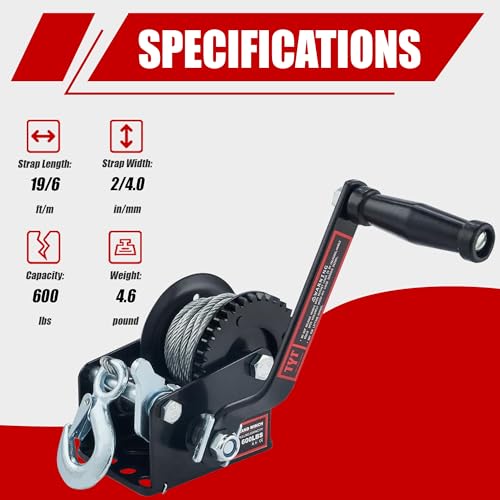 TYT 600LB Boat Trailer Winch with 6M Steel Wire, Hardened Steel Gear Heavy Duty Hand Winch, Operated Two-Way Ratchet Cable Winch, Ratio 3.2:1 Crank Small Winch for ATV UTV Marine Jet Ski Trailer Winch - Image 2