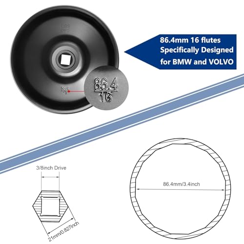 Ibetter 86.4mm 16 Flutes Oil Filter Wrench for BMW and Volvo with 86mm Filter Housing Caps, Removal Tool to Change Oil, Steel Socket Wrench Kit - Image 3
