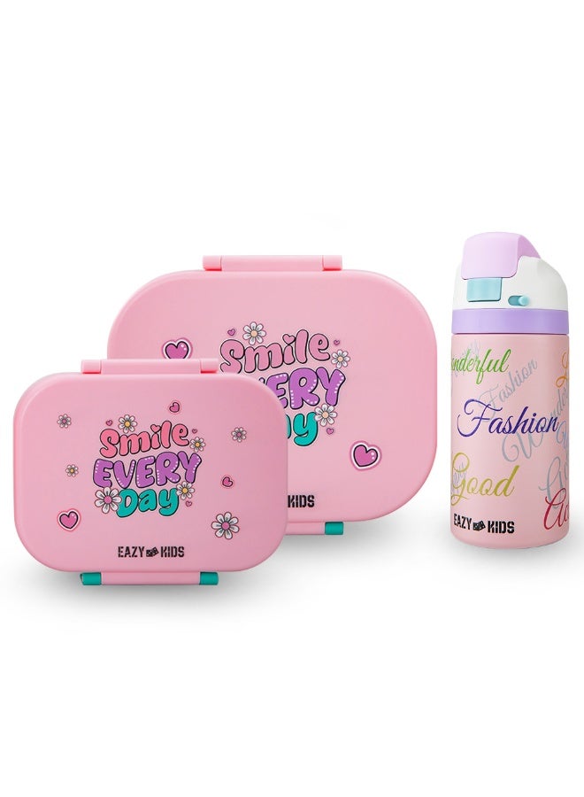 Eazy Kids Premium Stainless Steel Bento Lunch Box w/ Stainless Steel Water Bottle 445ml – Pink