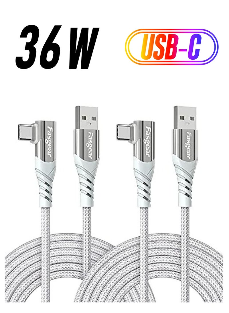 فاسجير كابل USB C 90 درجة: سلك شحن سريع من النوع C بزاوية قائمة، سلك شحن سريع متوافق مع Sam-sung Galaxy S24 S10 plus S9 S8 A70 A51 | هوا وي بي 30 بي 20 | ريد مي نوت 8 (10 قدم، 2 أبيض) - Image 1