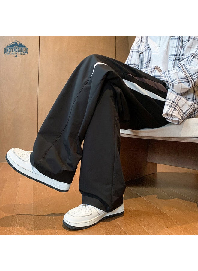 Dingfengbaoluo American Style Straight Leg Sweatpants Men Spring Loose Solid Color Striped Comfortable Sports Casual Pants Zmo39 Black XL