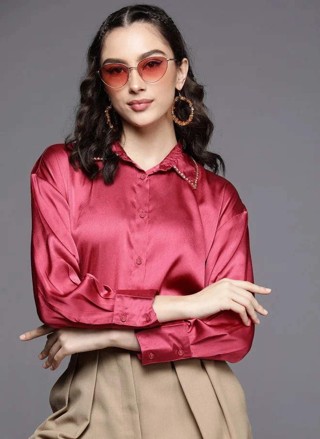 SASSAFRAS Satin Longline Party Shirt for Women in Pink