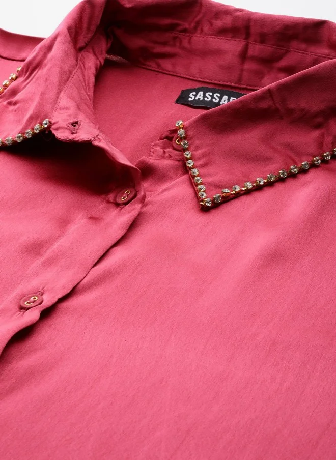 SASSAFRAS Satin Longline Party Shirt for Women in Pink