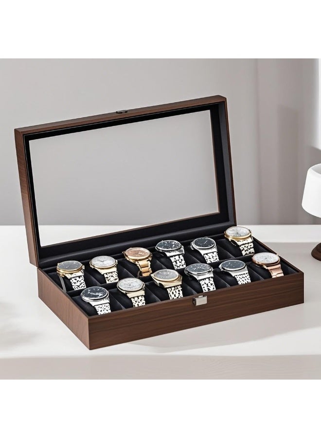 NANAO صندوق ساعة من الجوز، صندوق تخزين الساعات لسلسلة ساعات الرجال الميكانيكية والأساور والنظارات، حرفية جميلة، هدية مثالية لعشاق الساعات وجامعيها، منظمات الساعات (12 فتحة بطاقة من الجوز) - Image 1