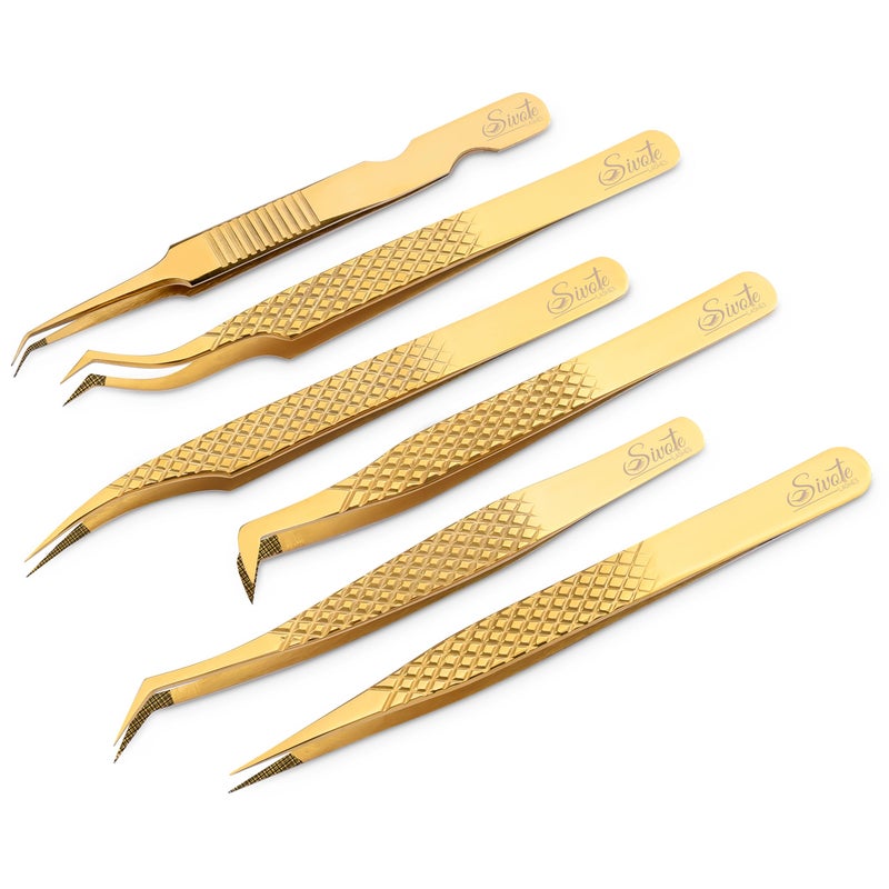 SIVOTE Eyelash Extension Tweezers Fiber Tips Japanese Steel Set of 6  Curved Dolphin 90 45 Volume Boot  Slight Curved Tweezer  Professional Lash Tweezers for Lash Extensions Gold
