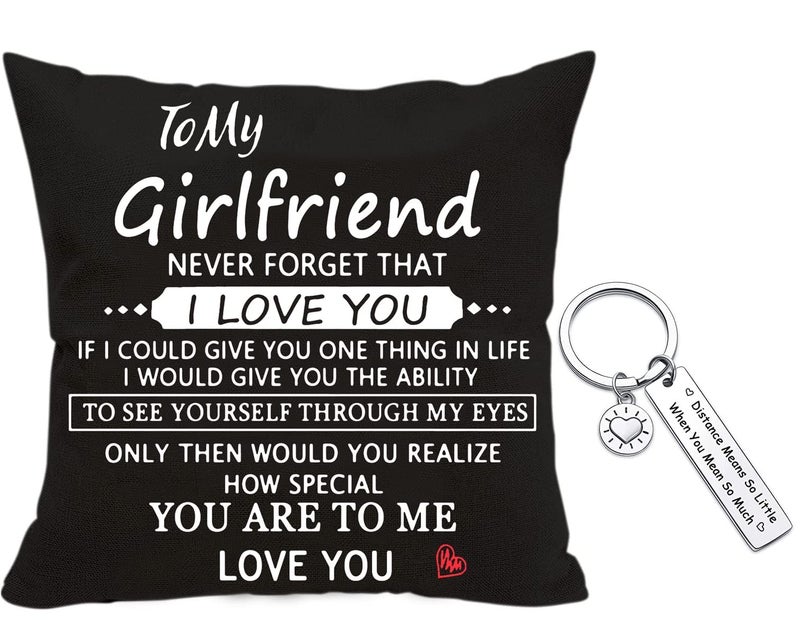 Anrkets Gifts for Girlfriend  Two Sided Printing Lover Pillow Cover + Couple Keychain  Valentine 's Day Birthday Gifts for Girlfriend  Long Distance Relationship Gift  Velvet Decorative Pillowcase 18 ""x 18 "" 