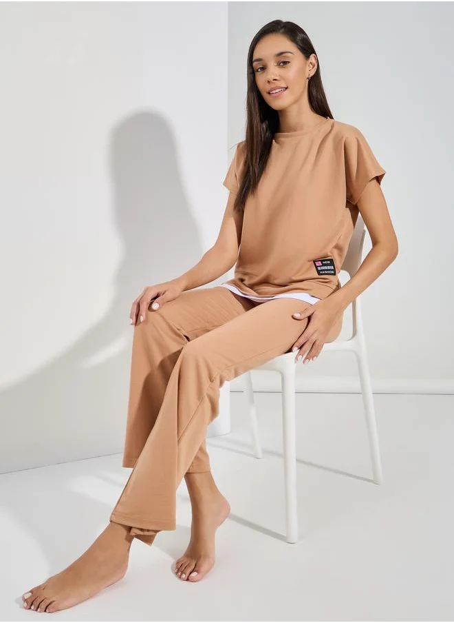 ستايلي Styli Contrast Hem and Patch Top and Trousers Lounge Set
