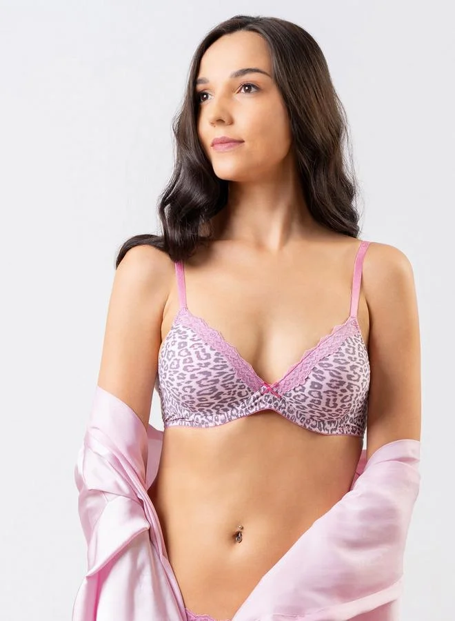 Aadaraya Aadaraya Animal Print Plunge Bra with Lace Trim and Hook and Eye Closure