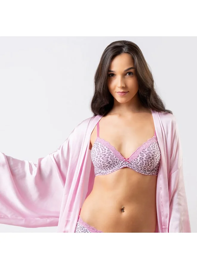 Aadaraya Aadaraya Animal Print Plunge Bra with Lace Trim and Hook and Eye Closure