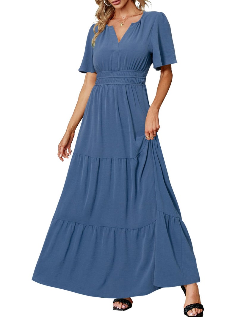 Amegoya Women's Summer Boho Maxi Dresses Casual V Neck Short Sleeve A-line Empire Waist Long Flowy Beach Dress (Blue L) - Image 1