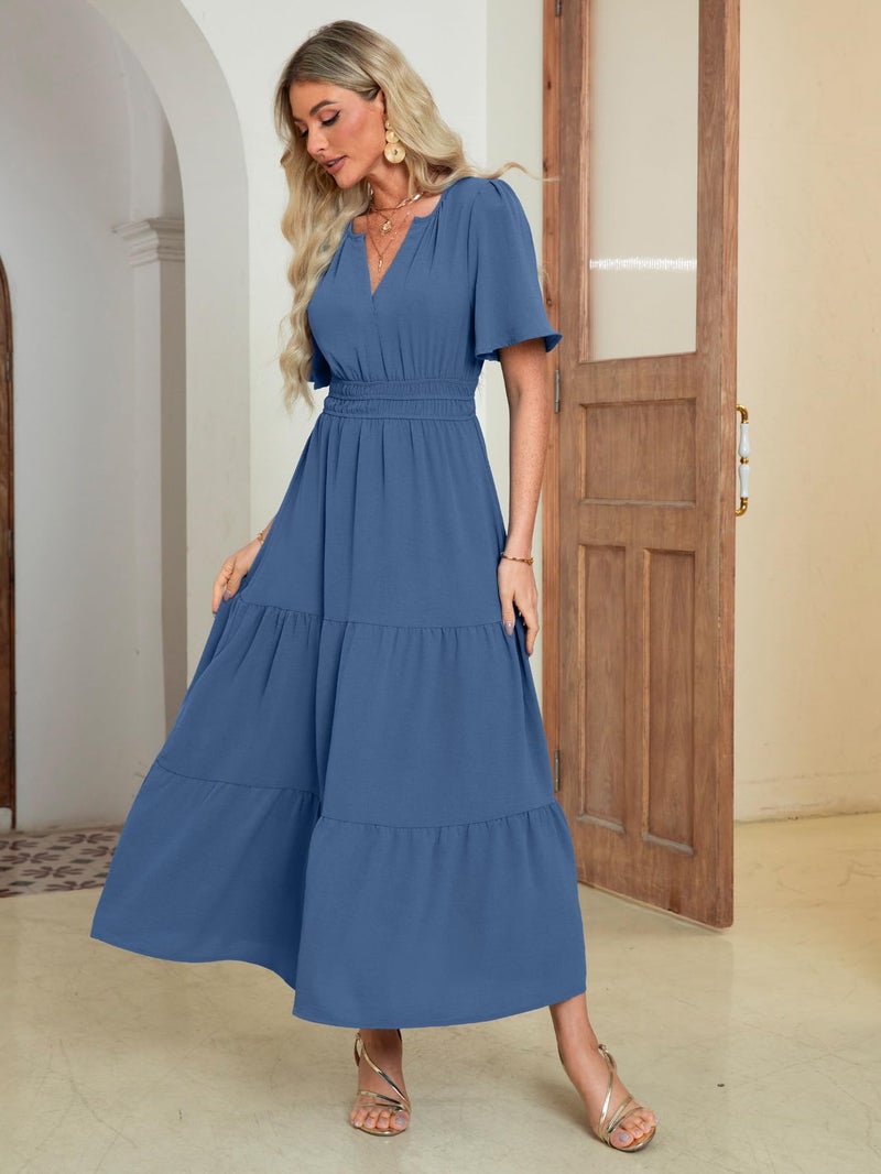 Amegoya Women's Summer Boho Maxi Dresses Casual V Neck Short Sleeve A-line Empire Waist Long Flowy Beach Dress (Blue L) - Image 3