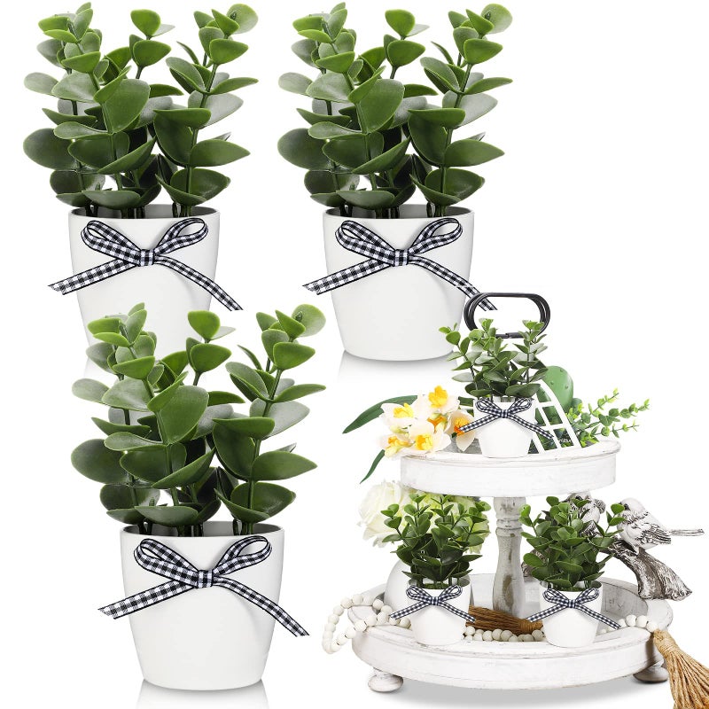 Jexine Farmhouse Tiered Tray Decor Mini Potted Eucalyptus Decor Plant Decor Items for Tiered Trays Farmhouse Artificial Plants Small Eucalyptus Decor for Home Decor Simple Style