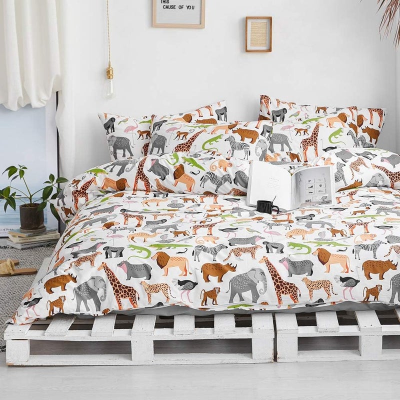 BlueBlue Safari Kids Duvet Cover Set Queen, 100% Cotton Bedding for Boys Girls Teens Lion Elephant Rhino Giraffe Zebra Zoo Print on White, 1 Full Soft Comforter Cover 2 Pillow Shams - Image 1