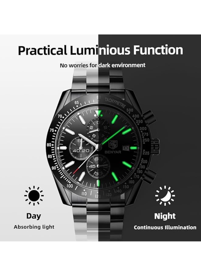 BENYAR - Mens Watch Waterproof Chronograph Date Watch for Men Stainless Steel Strap Quartz Movement Analog Watch Business Casual Gift for Men - Image 1