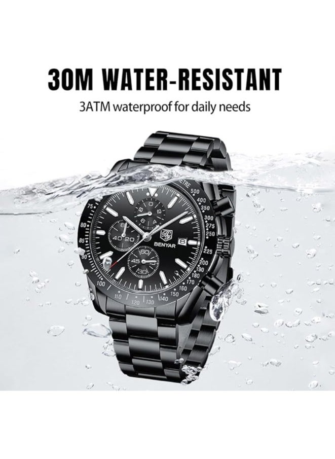 BENYAR - Mens Watch Waterproof Chronograph Date Watch for Men Stainless Steel Strap Quartz Movement Analog Watch Business Casual Gift for Men - Image 1