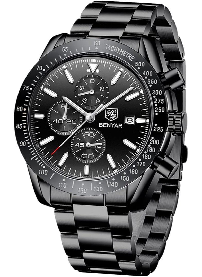 BENYAR - Mens Watch Waterproof Chronograph Date Watch for Men Stainless Steel Strap Quartz Movement Analog Watch Business Casual Gift for Men - Image 1