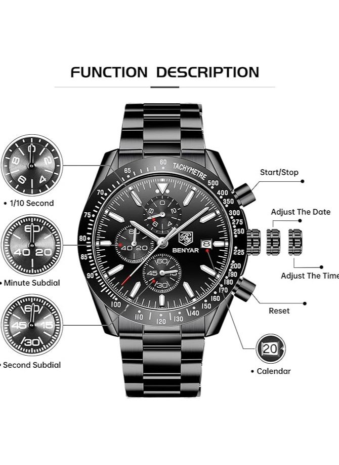 BENYAR - Mens Watch Waterproof Chronograph Date Watch for Men Stainless Steel Strap Quartz Movement Analog Watch Business Casual Gift for Men - Image 1